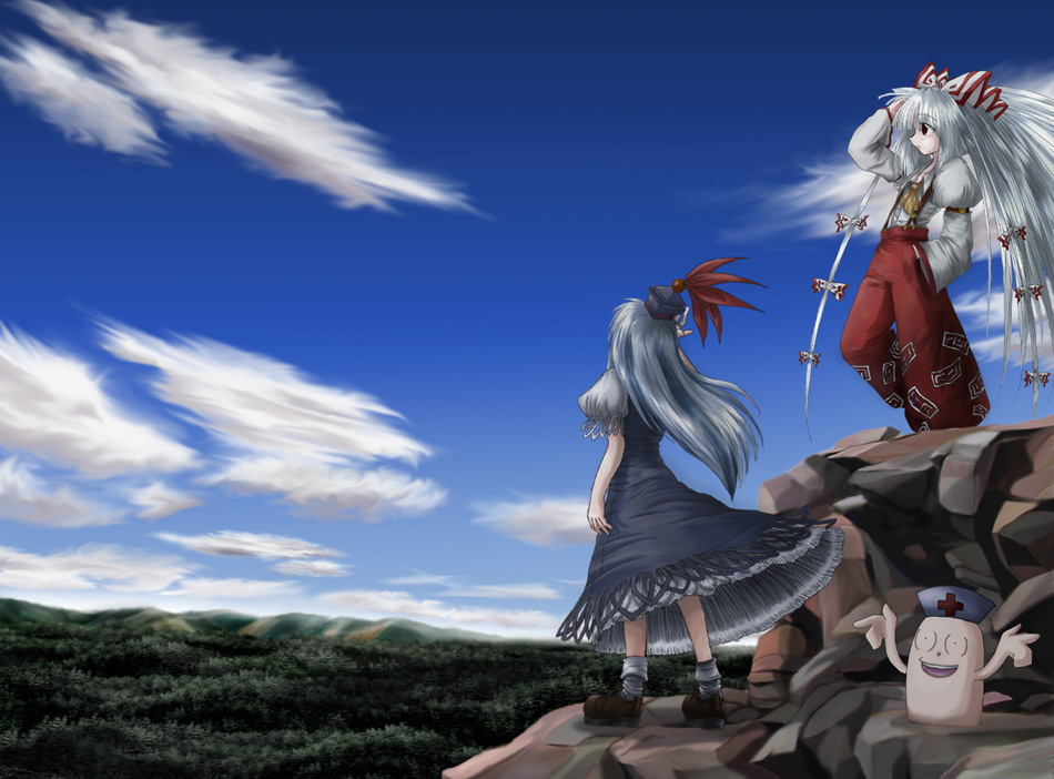 marumen, fujiwara no mokou, kamishirasawa keine, yagokoro, touhou, 2girls, blue hair, bow, dress, female focus, forest, hair bow, hat, landscape, long hair, multiple girls, multiple hair bows, nature, ribbon, scenery, suspenders, white hair