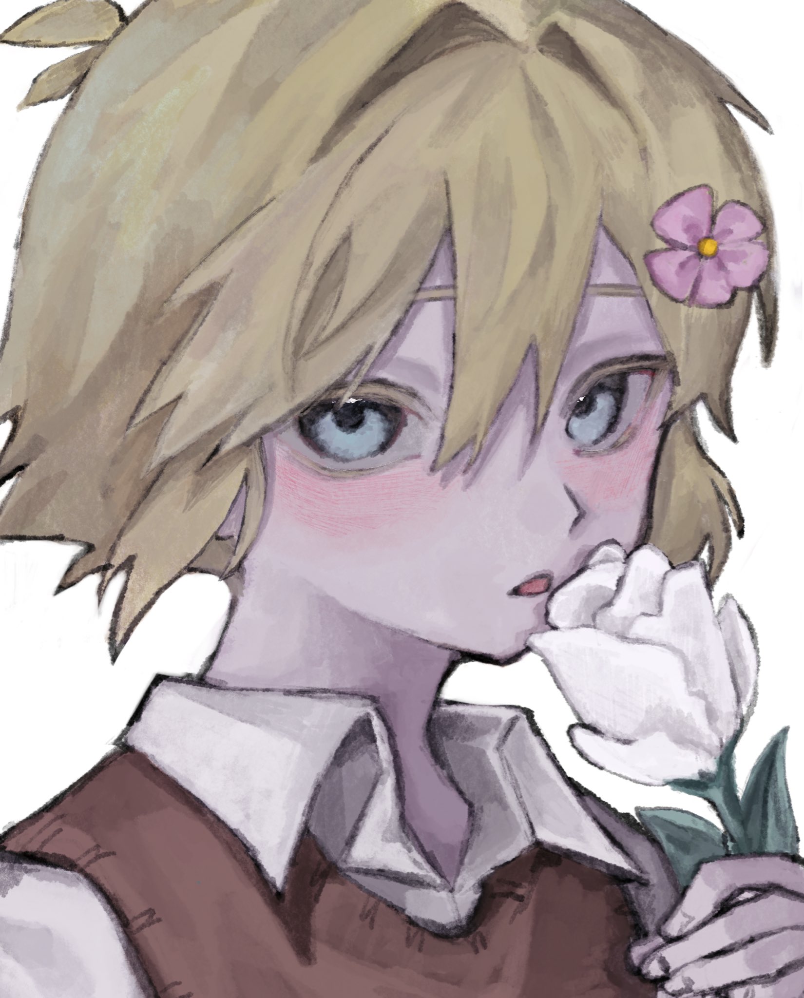 basil (faraway) (omori), basil (omori), omori, highres, 1boy, alternate color, antenna hair, blonde hair, blue eyes, brown sweater vest, collared shirt, double-parted bangs, flower, hair between eyes, hair flower, hair ornament, holding, holding flower, madai (si 202), male focus, parted lips, shirt, short hair, sidelocks, simple background, solo, sweater vest, tulip, upper body, white background, white flower, white shirt, white tulip