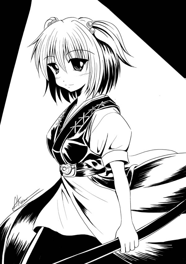 a kirima, onozuka komachi, touhou, 1girl, dress, female focus, greyscale, monochrome, solo, twintails, two side up, white background