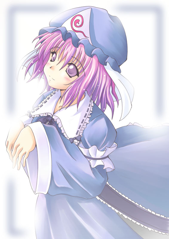 a kirima, saigyouji yuyuko, touhou, 1girl, dress, female focus, gradient background, hat, mob cap, pink hair, purple eyes, solo, white background