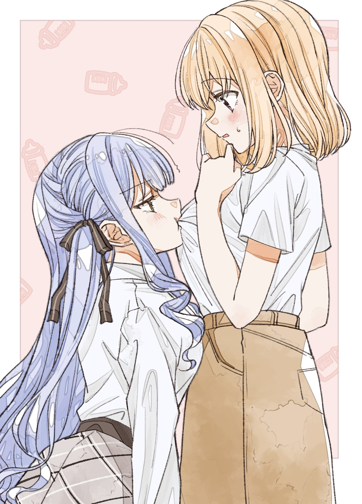 ccc cloudy, misumi uika, togawa sakiko, bang dream!, bang dream! it's mygo!!!!!, commentary request, highres, revision, 2girls, biting, biting clothes, blonde hair, blue eyes, blue hair, blush, from side, long hair, long sleeves, looking at another, medium hair, multiple girls, shirt, short sleeves, sidelocks, sweatdrop, white shirt, yellow eyes, yuri