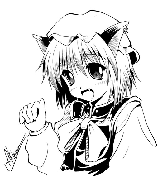 a kirima, chen, touhou, 1girl, animal ears, cat ears, cat girl, earrings, fang, female focus, greyscale, hat, jewelry, monochrome, solo, upper body, white background
