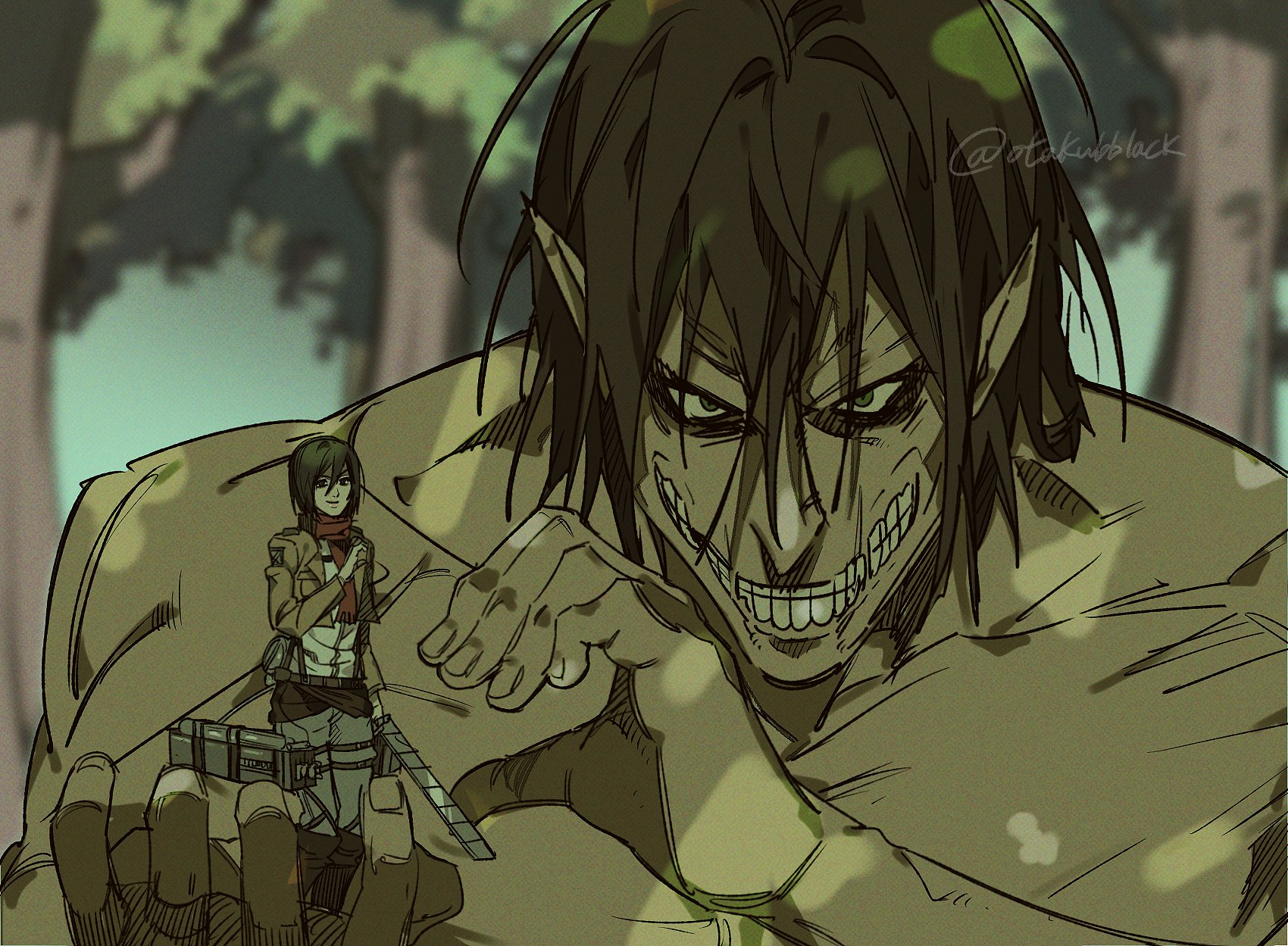otakubblack, eren yeager, mikasa ackerman, rogue titan, titan (shingeki no kyojin), shingeki no kyojin, highres, 1boy, 1girl, bags under eyes, black hair, blurry, blurry background, brown hair, brown jacket, cropped jacket, forest, grey pants, hair between eyes, heart, heart hands, heart hands duo, holding, holding weapon, in palm, jacket, nature, pants, red scarf, scarf, shirt, short hair, smile, teeth, three-dimensional maneuver gear, twitter username, weapon, white shirt
