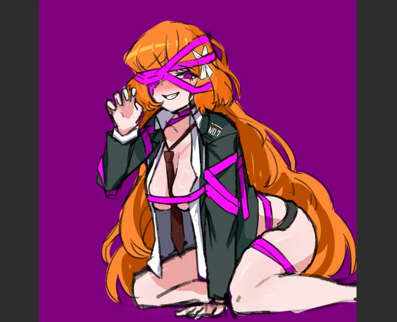 catnip scent, ishmael (project moon), limbus company, project moon, 1girl, between breasts, black border, black jacket, border, bow, breasts, claw pose, collared shirt, e.g.o (project moon), freckles, hair bow, jacket, long hair, looking at viewer, necktie, necktie between breasts, orange hair, pink eyes, pink ribbon, purple background, red necktie, ribbon, roseate desire (e.g.o), shirt, simple background, sitting, solo, upper body, white bow, white shirt