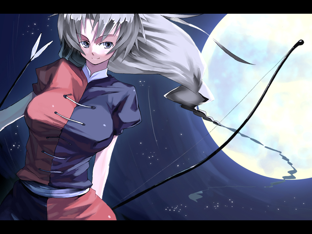 kasuga ayumu (artist), kasuga ayumu (haruhipo), yagokoro eirin, touhou, silver hair, bad id, bad pixiv id, 1girl, bow (weapon), breasts, dress, female focus, impossible clothes, impossible dress, large breasts, long hair, moon, solo, star (sky), weapon
