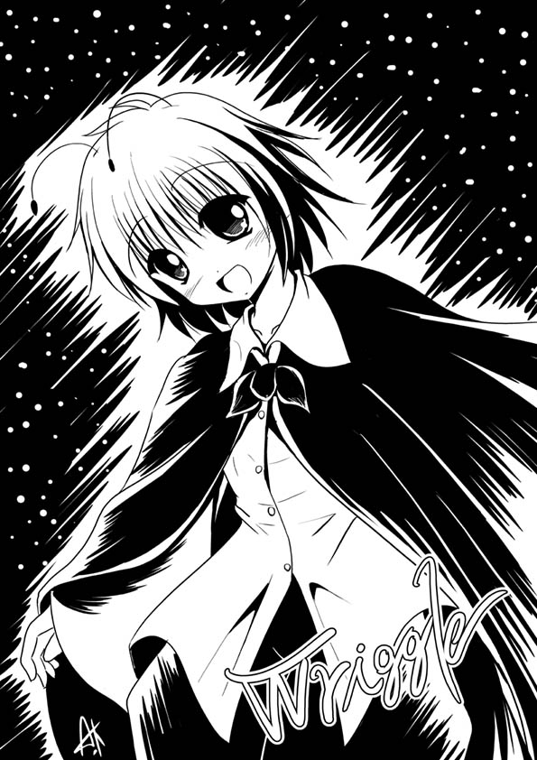 a kirima, wriggle nightbug, touhou, 1girl, antennae, female focus, greyscale, monochrome, solo