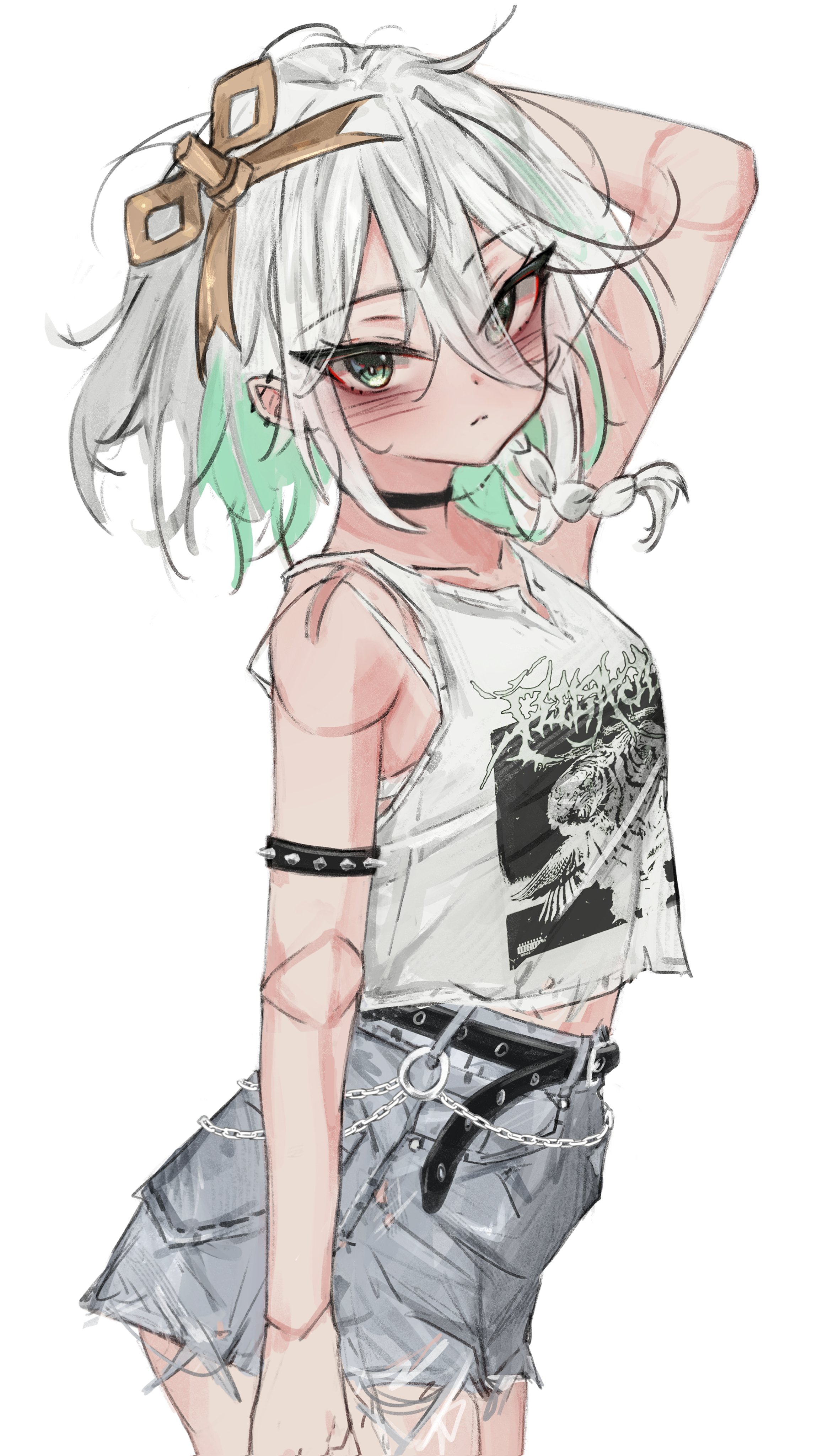 akarinnndesu, cecilia immergreen, hololive, hololive english, absurdres, highres, 1girl, alternate costume, arm up, armlet, belt, black belt, black choker, bra, breasts, choker, closed mouth, denim, denim shorts, doll joints, green eyes, green hair, grey shorts, jewelry, joints, looking at viewer, print shirt, shirt, short shorts, shorts, small breasts, solo, spiked armlet, tank top, underwear, virtual youtuber, white background, white bra, white hair, white tank top, winding key