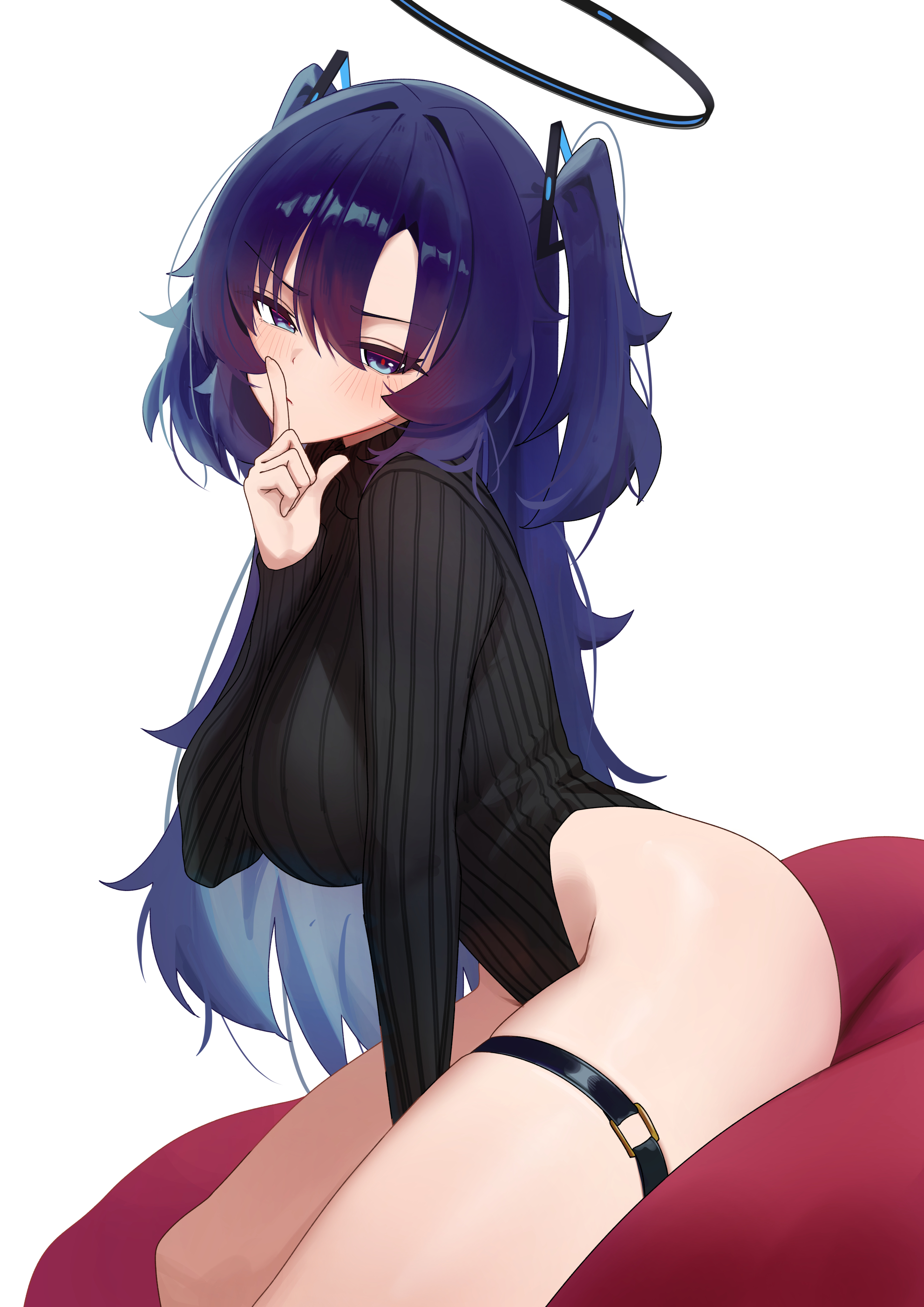 mcbox, yuuka (blue archive), blue archive, absurdres, commentary, highres, symbol-only commentary, 1girl, alternate costume, black leotard, blue eyes, blue hair, blush, breasts, curvy, finger to mouth, hair between eyes, hair ornament, heattech leotard, highleg, highleg leotard, large breasts, leotard, long hair, long sleeves, looking at viewer, o-ring, o-ring thigh strap, ribbed leotard, shushing, simple background, skindentation, solo, thigh strap, thighs, triangle hair ornament, turtleneck, two side up, white background, wide hips