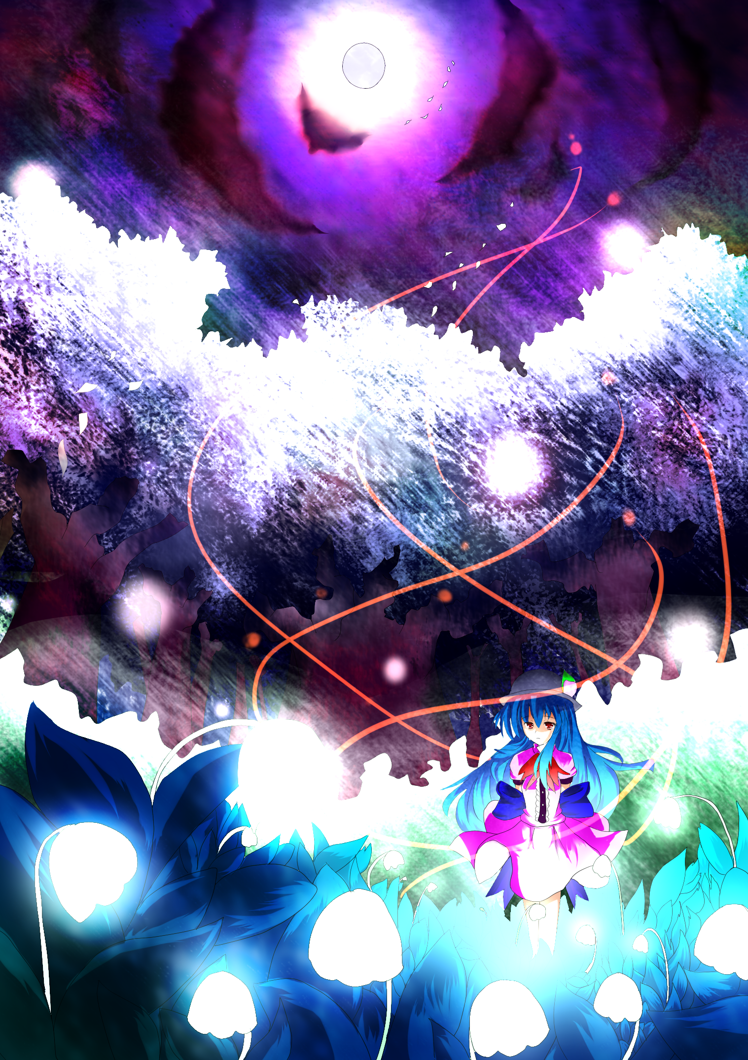 kal (pixiv), hinanawi tenshi, touhou, bad id, bad pixiv id, highres, 1girl, female focus, full moon, glowing, legs together, moon, plant, solo