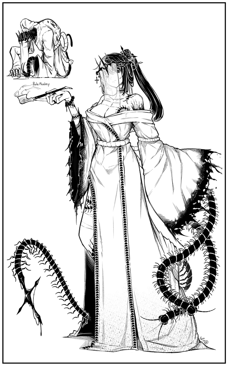 nebradisk, shiori novella, hololive, hololive english, highres, 1girl, alternate costume, breasts, bug, centipede, cleavage, greyscale, holding, holding smoking pipe, japanese clothes, kimono, kiseru, large breasts, long hair, monochrome, multicolored hair, oiran, ponytail, see-through clothes, see-through veil, smoke, smoking pipe, solo, split-color hair, standing, veil, virtual youtuber