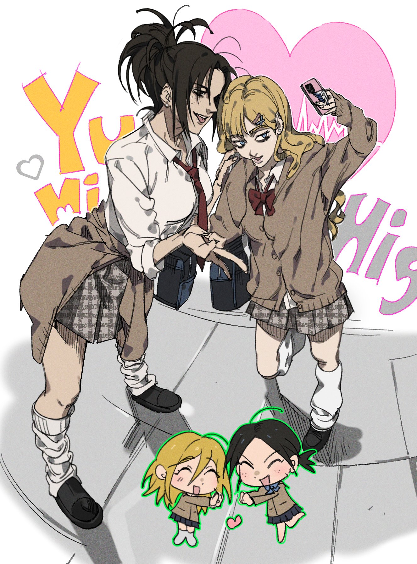 otakubblack, krista lenz, ymir (shingeki no kyojin), shingeki no kyojin, highres, 2girls, bag, black shoes, blonde hair, blue eyes, bow, bowtie, brown cardigan, brown hair, cardigan, chibi, chibi inset, closed eyes, clothes around waist, collarbone, freckles, grey skirt, hair ornament, hairclip, hand on another's shoulder, holding, holding phone, long hair, loose socks, multiple girls, necktie, open mouth, outstretched arms, phone, plaid clothes, plaid skirt, pleated skirt, ponytail, red bow, red bowtie, red necktie, school uniform, selfie, shirt, shoes, shoulder bag, skirt, smile, socks, sweater, sweater around waist, taking picture, tongue, tongue out, v, white shirt, white socks, x hair ornament, yuri
