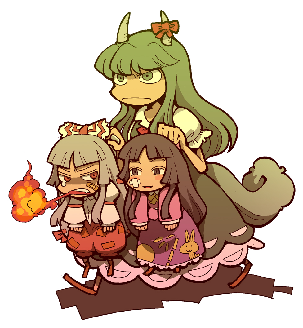 hounori, ex-keine, fujiwara no mokou, houraisan kaguya, kamishirasawa keine, touhou, 3girls, bandaid, female focus, fire, horns, multiple girls, rivalry, tail, troll face