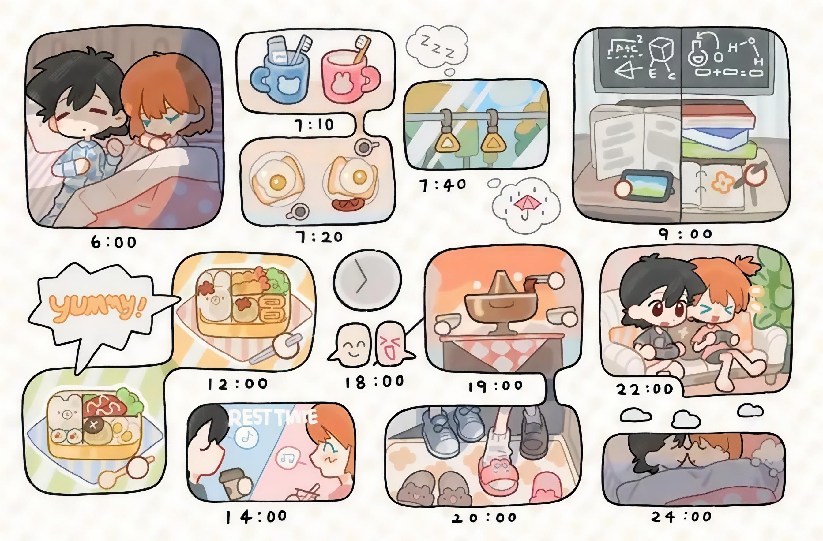 ash ketchum, misty (pokemon), nintendo, pokemon, pokemon (anime), pokemon (classic anime), 1boy, 1girl, black hair, blanket, blue eyes, blush, book, bread, bread slice, cake, calendar (object), cellphone, clock, closed eyes, closed mouth, coffee, coffee mug, couple, crocs, cup, egg, egg (food), english text, food, fork, fried egg, holding, holding cup, kiss, light bulb, mug, multiple boys, multiple drawing challenge, multiple girls, open mouth, orange hair, pajamas, phone, pillow, plate, sandals, shirt, shoes, short hair, shorts, side ponytail, sitting, sleeping, slippers, spoon, table, toast, under covers, zzz