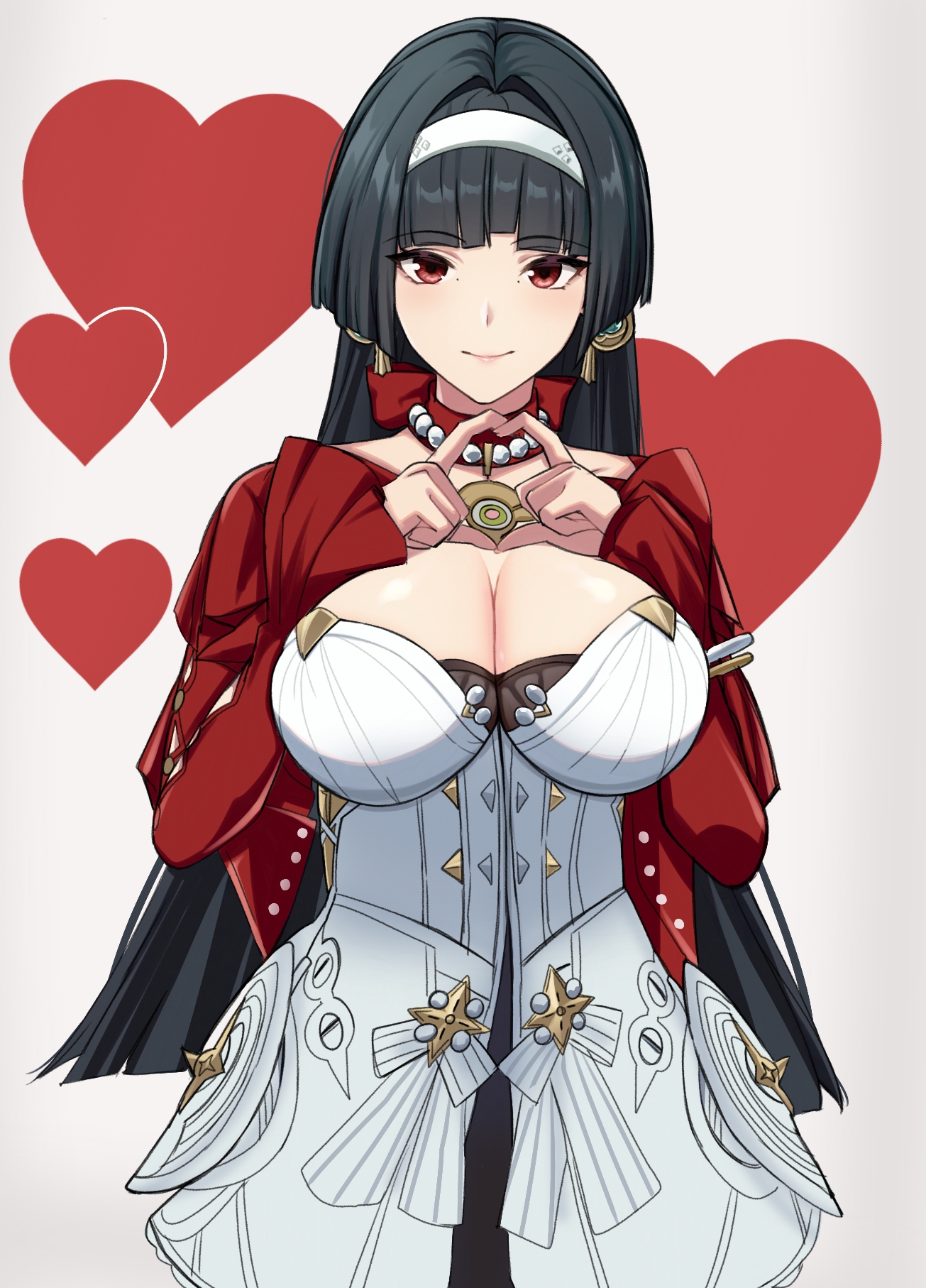 saint laurent paris, astra yao, zenless zone zero, highres, 1girl, black hair, breasts, cleavage, dress, earrings, hair intakes, hairband, heart, jewelry, large breasts, long hair, looking at viewer, mole, mole under eye, red eyes, smile, solo, white background, white dress, white hairband