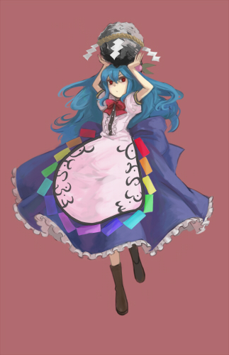 kottsu, hinanawi tenshi, touhou, bad id, bad pixiv id, lowres, 1girl, blue hair, female focus, kaname-ishi, red eyes, rope, shide, shimenawa, solo