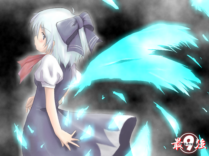 yuzuki kei, cirno, phantasmagoria of flower view, touhou, 1girl, ahoge, arms at sides, ascot, blue dress, blue hair, blue wings, bow, circled 9, copyright name, cowboy shot, detached wings, dress, female focus, from side, glowing, glowing wings, grey eyes, looking at viewer, looking to the side, puffy short sleeves, puffy sleeves, purple bow, ribbon, short hair, short sleeves, solo, standing, wings