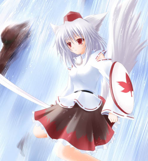 shirotsuki kouta, inubashiri momiji, touhou, bad id, bad pixiv id, 1girl, animal ears, black skirt, cowboy shot, detached sleeves, female focus, hat, jumping, leaf print, red eyes, shield, short hair, skirt, solo, sword, tail, tokin hat, water, waterfall, weapon, white hair, wolf ears, wolf tail