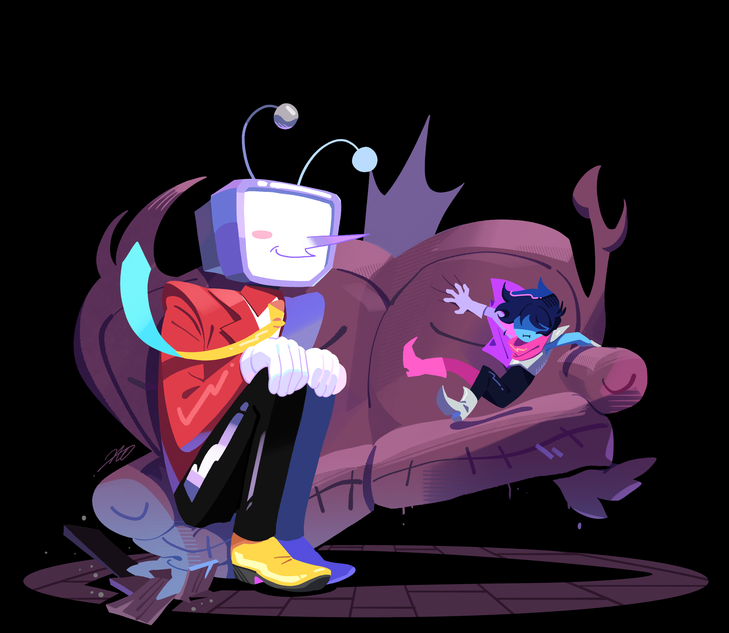 hbm 3456, ant tenna, kris (dark world) (deltarune), kris (deltarune), deltarune, utdr (toby fox), highres, 1boy, 1other, black pants, blue skin, blush stickers, cape, colored skin, couch, crt, gloves, jacket, long nose, necktie, object head, on couch, pants, pink cape, pointy nose, radio antenna, red jacket, shoes, single blush sticker, sitting, smile, white gloves, yellow necktie, yellow shoes
