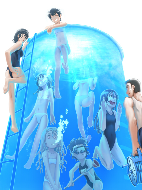 lain, 1boy, 6+girls, barefoot, bikini, black hair, blonde hair, blush, bubble, embarrassed, feet, flat chest, hand on own hip, holding breath, hose, ladder, long hair, midriff, military, military vehicle, motor vehicle, multiple girls, navel, one-piece swimsuit, open mouth, plunger, pool, pool ladder, school swimsuit, short hair, smile, swimsuit, tank, toes, tongue, underwater, water