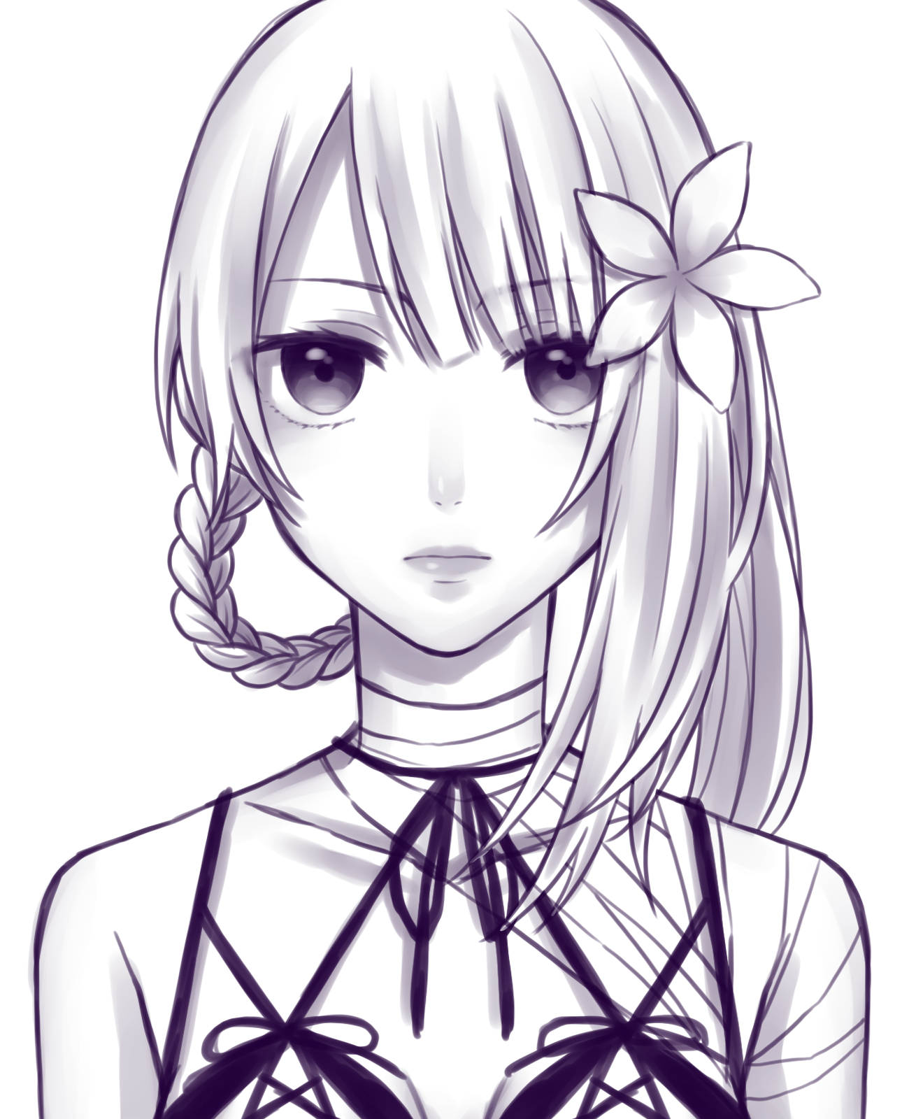 tamakingx422x, kaine (nier), nier, nier (series), commentary request, highres, 1girl, asymmetrical hair, bandaged arm, bandaged neck, bandages, braid, braided hair rings, closed mouth, expressionless, flower, greyscale, hair flower, hair ornament, hair rings, looking at viewer, medium hair, monochrome, portrait, simple background, single bare shoulder, single hair ring, solo, straight-on