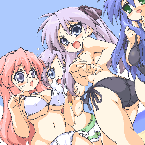 mi-sya, hiiragi kagami, hiiragi tsukasa, izumi konata, takara miyuki, lucky star, lowres, md5 mismatch, 00s, 4girls, ass, bikini, blue eyes, blue hair, blush, breasts, curvy, glasses, green eyes, huge breasts, long hair, multiple girls, oekaki, pink hair, purple hair, sideboob, swimsuit, topless female, twintails