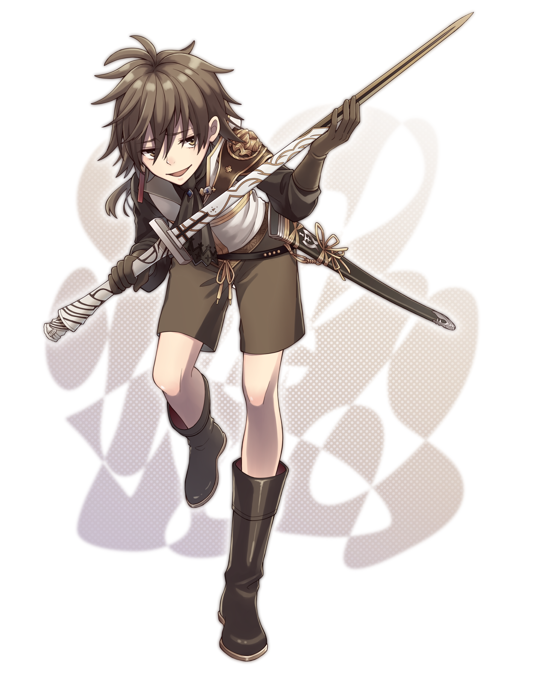 tamakingx422x, dito (drag-on dragoon), drag-on dragoon, drag-on dragoon 3, absurdres, commentary request, highres, 1boy, :d, ascot, belt, black ascot, black belt, black boots, black gloves, black shirt, boots, brown eyes, brown hair, brown shorts, drawstring, gloves, hair between eyes, holding, holding sword, holding weapon, knee boots, leaning forward, long sleeves, looking at viewer, male focus, medium hair, open mouth, scabbard, sheath, shirt, shorts, shoulder guard, smile, solo, standing, standing on one leg, sword, unsheathed, vest, weapon, white background, white vest