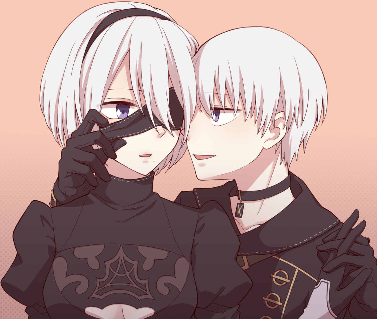 tamakingx422x, 2b (nier:automata), 9s (nier:automata), nier:automata, nier (series), commentary request, 1boy, 1girl, black choker, black dress, black jacket, blindfold, blindfold pull, blue hair, breasts, brown background, choker, cleavage, cleavage cutout, clothing cutout, collarbone, dress, holding hands, interlocked fingers, jacket, looking at another, medium breasts, mole, mole under mouth, one eye covered, parted lips, profile, puffy sleeves, short hair, sideways mouth, turtleneck, turtleneck dress, upper body, white hair