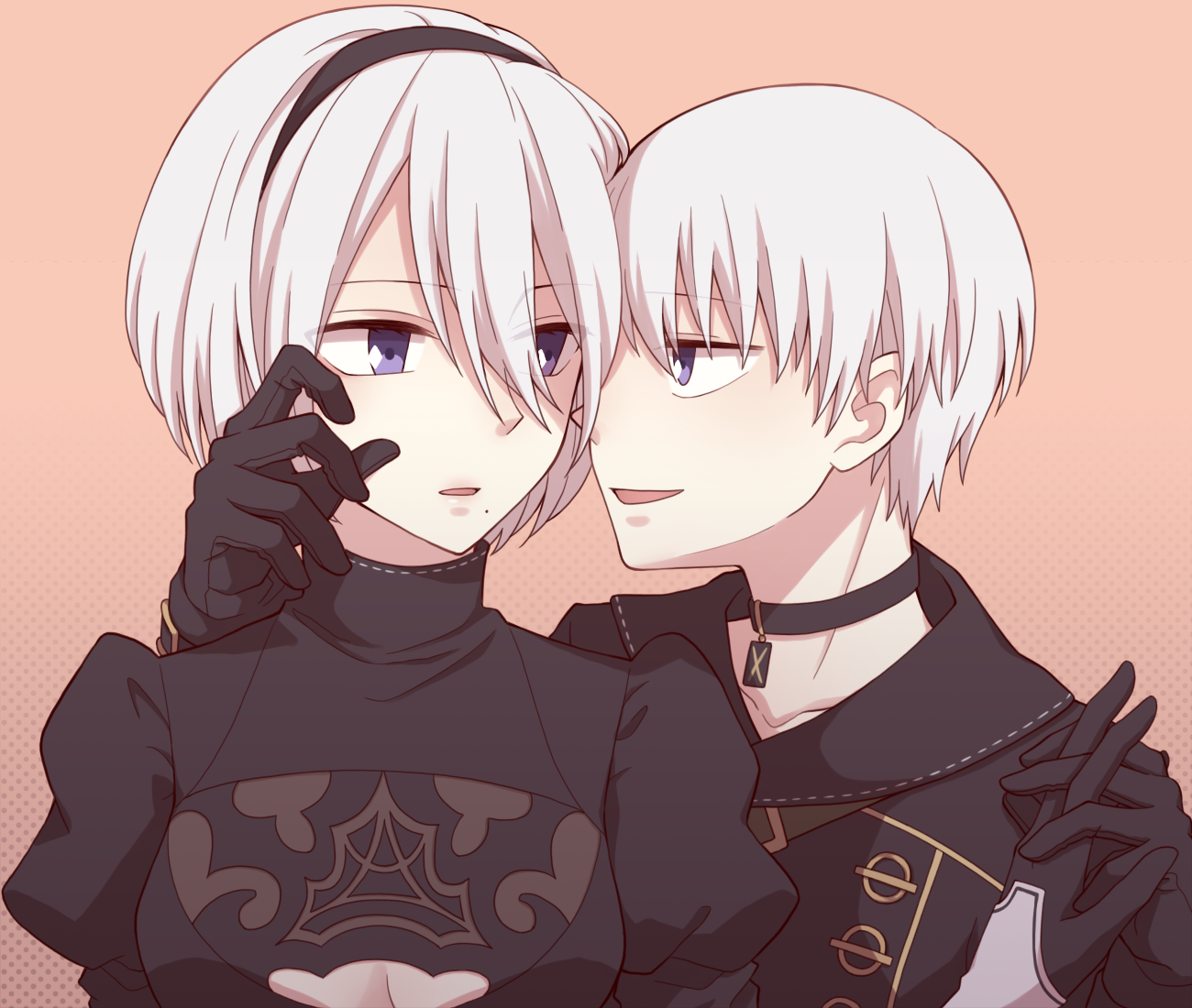 tamakingx422x, 2b (nier:automata), 9s (nier:automata), nier:automata, nier (series), commentary request, 1boy, 1girl, black choker, black dress, black jacket, blue hair, breasts, brown background, choker, cleavage, cleavage cutout, clothing cutout, collarbone, dress, hair between eyes, holding hands, interlocked fingers, jacket, looking at another, medium breasts, mole, mole under mouth, parted lips, profile, puffy sleeves, short hair, sideways mouth, turtleneck, turtleneck dress, upper body, white hair