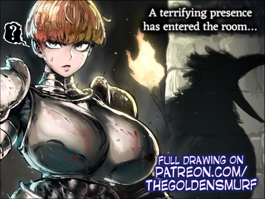the golden smurf, d'arce (fear & hunger), fear & hunger (series), fear & hunger 1, commentary, cropped, paid reward available, 1girl, ?, armor, artist name, boobplate, breastplate, breasts, brown eyes, covered abs, crow mauler, english text, huge breasts, knight, orange hair, parted lips, patreon username, pauldrons, shadow, short hair, shoulder armor, solo focus, spoken question mark, sweat, upper body