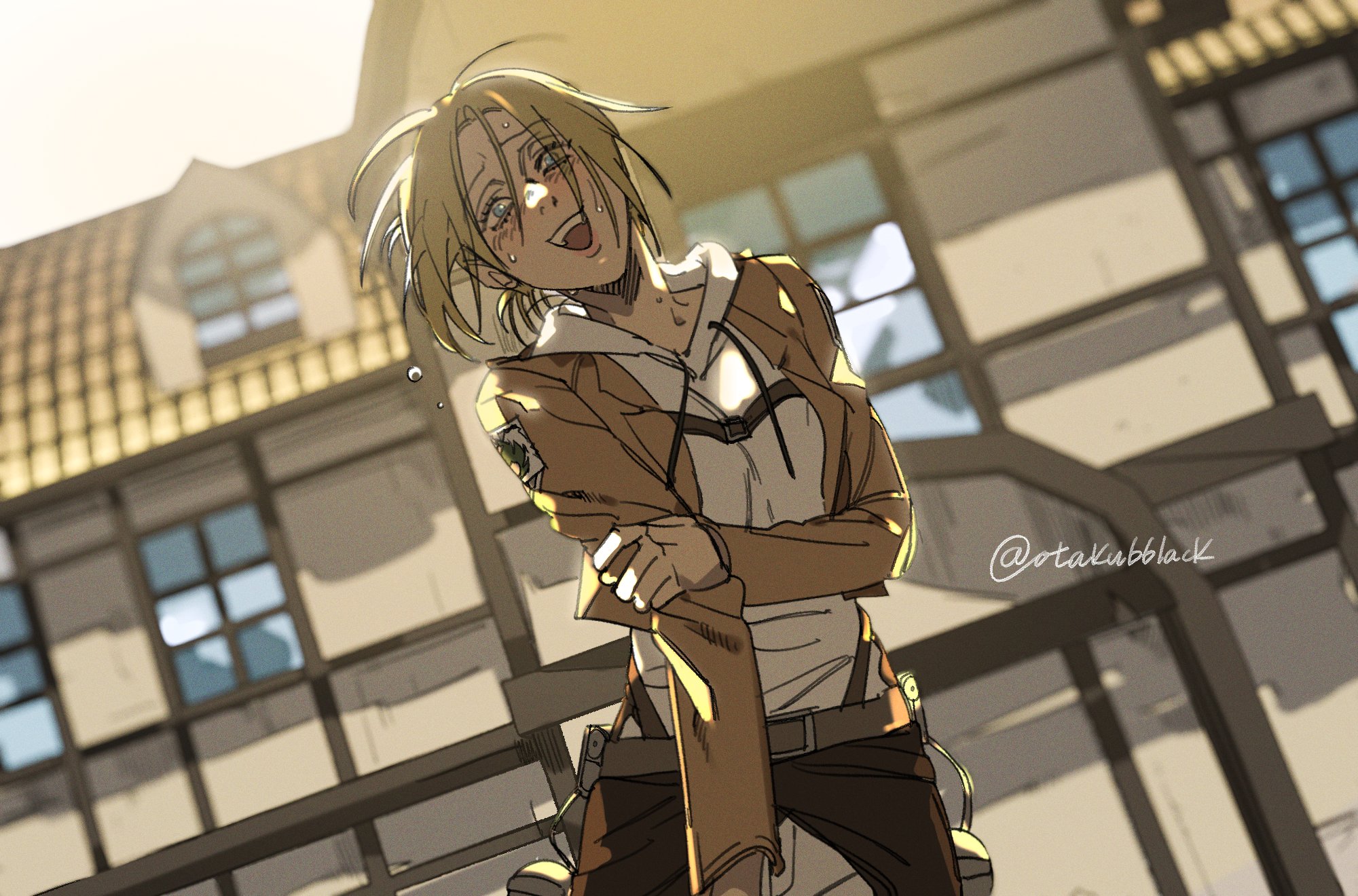 otakubblack, annie leonhart, shingeki no kyojin, highres, 1girl, blonde hair, blue eyes, blush, breasts, brown jacket, building, cropped jacket, hair between eyes, holding own arm, hood, hood down, hoodie, jacket, jacket over hoodie, medium breasts, military jacket, nervous smile, nervous sweating, open mouth, outdoors, pants, parted bangs, smile, solo, suspenders, sweat, town, twitter username, updo, upper body, white hoodie, white pants