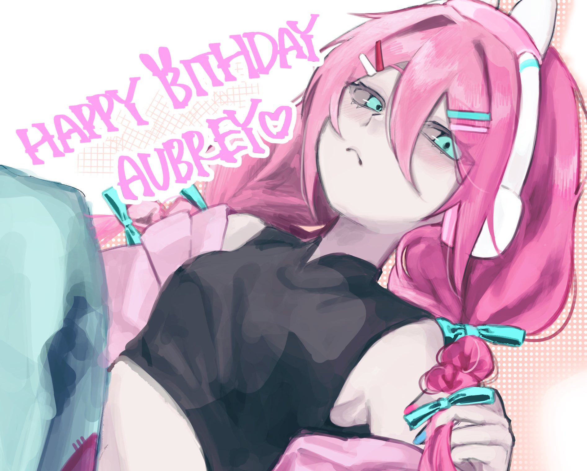 aubrey (birthday) (omori), aubrey (faraway) (omori), aubrey (omori), omori, highres, 1girl, animal ear headphones, animal ears, blue bow, blue eyes, bow, braid, character name, closed mouth, crop top, double-parted bangs, fake animal ears, hair between eyes, hair bow, hair ornament, hairclip, happy birthday, headphones, jacket, long hair, long sleeves, looking at viewer, low twin braids, madai (si 202), parallel hairclips, pink hair, pink jacket, rabbit ear headphones, rabbit ears, solo, twin braids