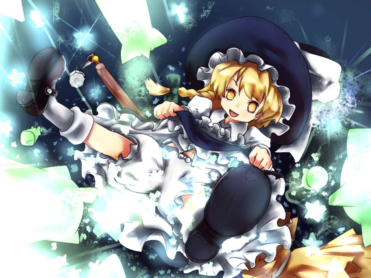murani, kirisame marisa, touhou, 1girl, bloomers, broom, clothes lift, dress, dress lift, female focus, gradient background, mini-hakkero, smile, solo, star (symbol), tamutamu (pixiv), underwear, white bloomers, yellow eyes