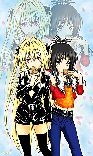 yabuki kentarou, konjiki no yami, yuuki mikan, to love-ru, black legwear, colorized, detexted, lowres, non-web source, official art, scan, third-party edit, 00s, 2girls, belt, black bra, black hair, blonde hair, blue sky, blush, bra, bracelet, breasts, brown eyes, buttons, camisole, casual, cherry blossoms, cloud, cloudy sky, comic, cropped jacket, cross, cross necklace, denim, eating, flat chest, food, fur trim, goth fashion, hair between eyes, hair bobbles, hair intakes, hair ornament, high collar, holding, jacket, jeans, jewelry, leather, leather jacket, long hair, long sleeves, looking at viewer, midriff, multiple belts, multiple girls, navel, necklace, open clothes, open jacket, open shirt, outline, pants, pendant, petals, red eyes, shiny clothes, shirt, short shorts, shorts, sidelocks, signature, sky, small breasts, standing, studded belt, taiyaki, thighhighs, topknot, twintails, two side up, underwear, very long hair, wagashi, wavy hair, white background, zettai ryouiki, zoom layer
