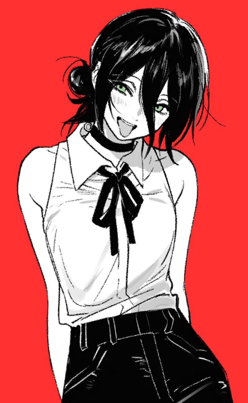 reze (chainsaw man), chainsaw man, highres, 1girl, choker, collared shirt, green eyes, grenade pin, greyscale with colored background, hair between eyes, hair bun, light blush, messy hair, neck ribbon, open mouth, ottonyao, red background, ribbon, shirt, shirt tucked in, shorts, simple background, sleeveless, sleeveless shirt, solo, tongue, tongue out