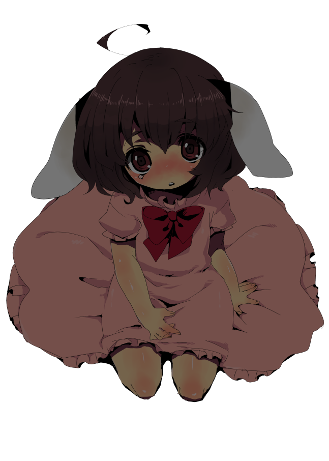 ichihaya, inaba tewi, touhou, 1girl, ahoge, animal ears, black hair, blush, bow, circle skirt, dress, female focus, from above, full body, kneeling, rabbit ears, red eyes, short hair, simple background, solo, tears, white background