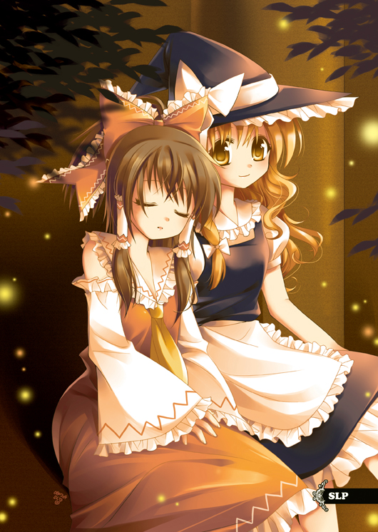 slp, hakurei reimu, kirisame marisa, touhou, 2girls, blonde hair, brown hair, female focus, multiple girls