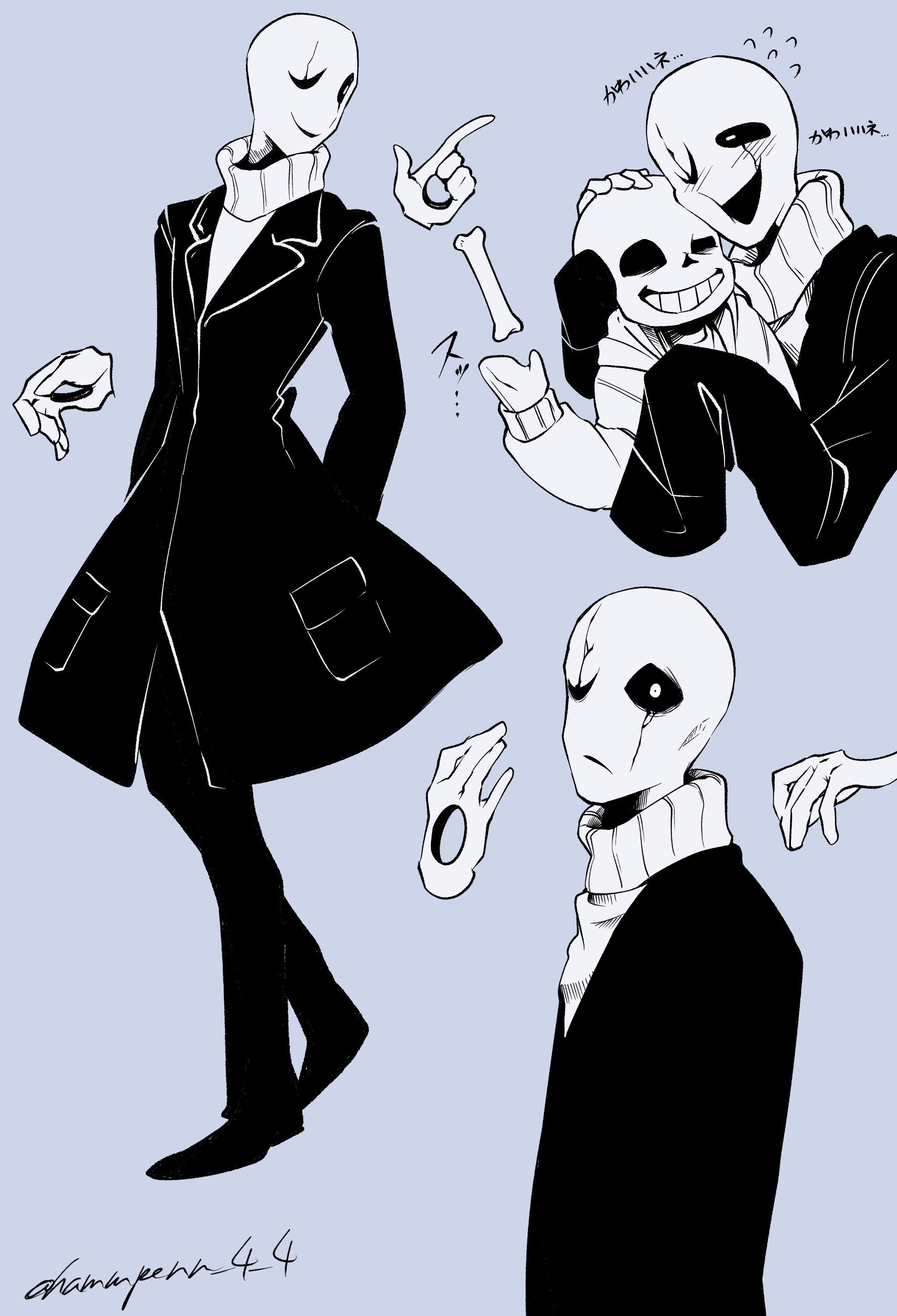 hammpenn, sans (undertale), w.d. gaster, undertale, utdr (toby fox), absurdres, commentary request, highres, translation request, 2boys, ;(, ;d, closed mouth, coat, cropped torso, disembodied hand, flying sweatdrops, full body, grey background, greyscale, grin, hand on another's head, hands in pockets, hatching (texture), high contrast, hollow eyes, hood, hood down, hooded jacket, jacket, lapels, long sleeves, looking at viewer, male focus, monochrome, multiple boys, multiple views, notched lapels, one eye closed, open clothes, open jacket, open mouth, pants, pocket, puffy long sleeves, puffy sleeves, scar across eyes, shirt, shoes, simple background, skeleton, sleeves past fingers, sleeves past wrists, smile, sweater, turtleneck, turtleneck sweater, twitter username, uneven eyes, upper body
