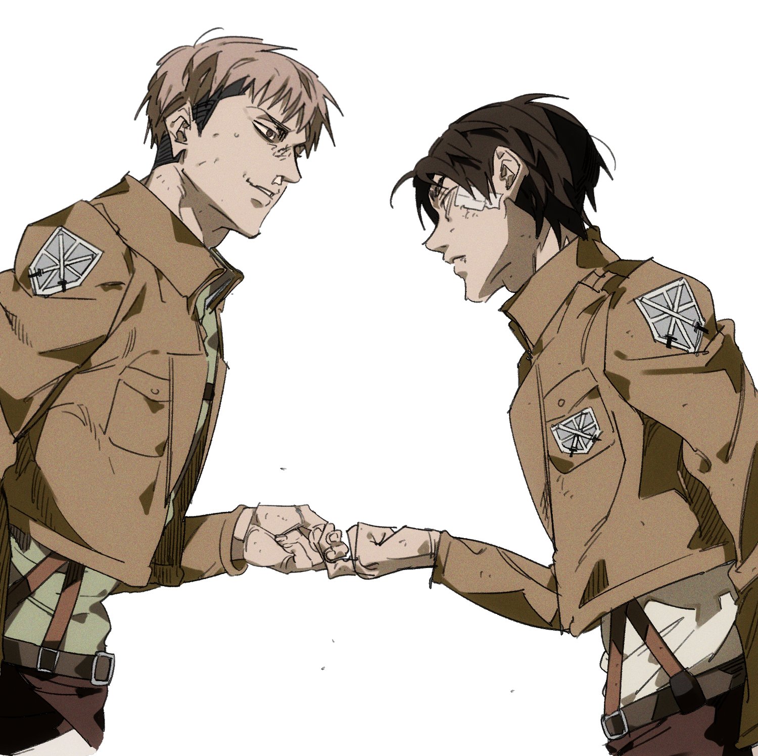 otakubblack, eren yeager, jean kirstein, shingeki no kyojin, highres, 2boys, bandaid, bandaid on cheek, bandaid on face, blonde hair, brown hair, brown jacket, cropped jacket, index fingers together, jacket, looking at another, looking at viewer, male focus, military jacket, multiple boys, parted bangs, parted lips, shirt, short hair, smile, suspenders, tissue in nose, upper body, white background, white shirt