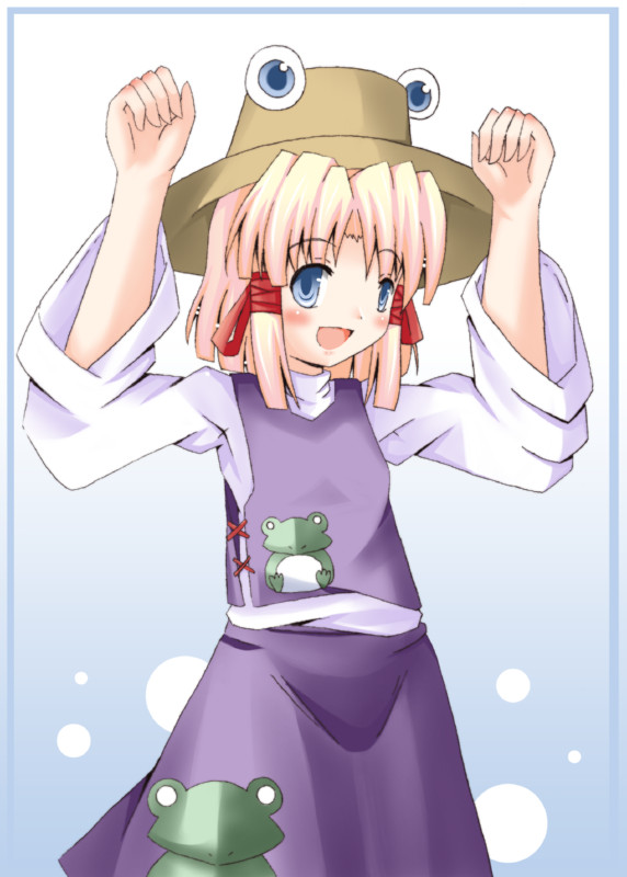 hinagi hiyaya, moriya suwako, touhou, 1girl, :d, blonde hair, blue eyes, brown hat, cowboy shot, dress, extra eyes, female focus, frog, hat, long sleeves, looking at viewer, open mouth, purple dress, simple background, smile, solo, standing, sweater, white background