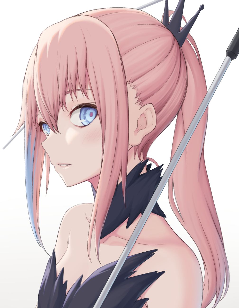 act (xadachit), st ar-15 (girls' frontline), st ar-15 (prisoner of the dream) (girls' frontline), girls' frontline, commentary, highres, 1girl, black dress, blue eyes, blush, collarbone, crown hair ornament, dated commentary, detached collar, double-parted bangs, dress, from side, hair between eyes, long hair, looking at viewer, multicolored hair, official alternate costume, open mouth, pink hair, ponytail, sidelocks, simple background, solo, strapless, streaked hair, upper body, white background