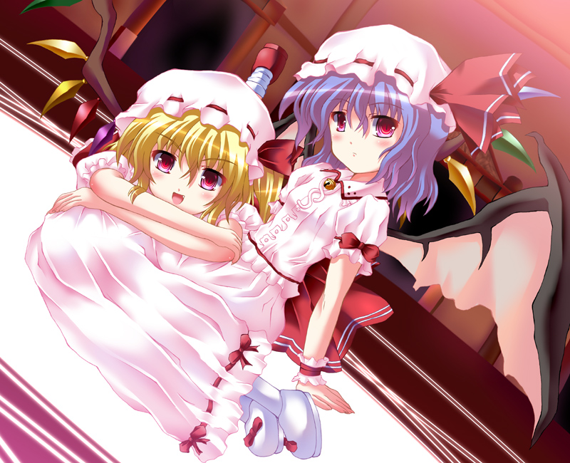 futaba shion, utanone shion, utauta, flandre scarlet, remilia scarlet, touhou, bad id, bad pixiv id, 2girls, bat wings, blonde hair, blue hair, female focus, multiple girls, red eyes, siblings, sisters, sitting, wings, wrist cuffs