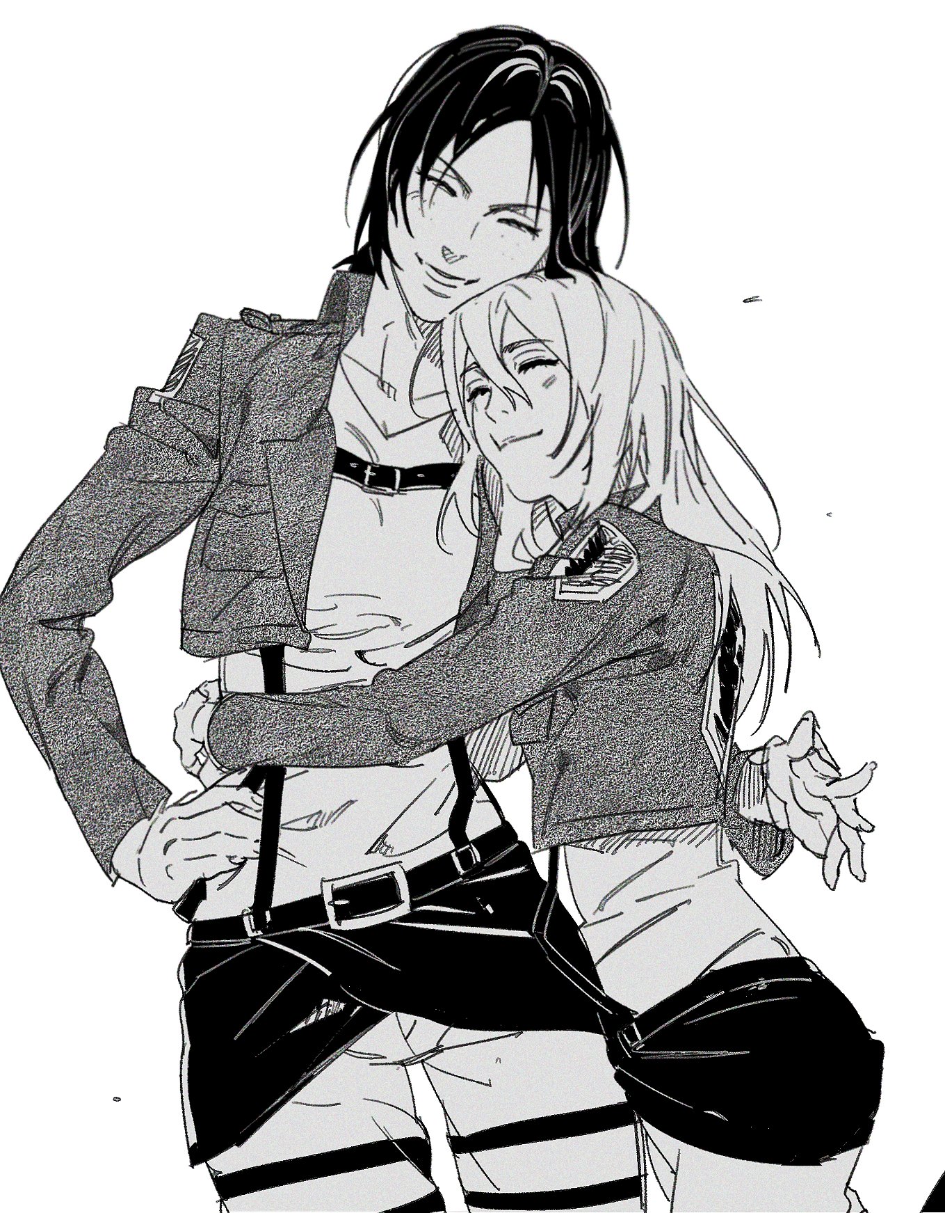 otakubblack, krista lenz, ymir (shingeki no kyojin), shingeki no kyojin, highres, 2girls, arm around back, arms around waist, black hair, breasts, closed eyes, closed mouth, cow, cropped jacket, freckles, hair between eyes, hand on own hip, hug, jacket, light blush, long hair, medium breasts, military jacket, multiple girls, pants, parted bangs, parted lips, shirt, smile, survey corps (emblem), suspenders, thigh strap, white background, white pants, white shirt, yuri