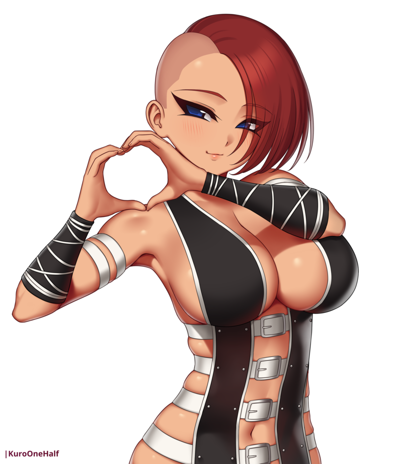 kuroonehalf, original, commission, artist name, asymmetrical hair, bare shoulders, belt, blue eyes, blush, breasts, closed mouth, eyelashes, heart, heart hands, navel, phoenix (wak4863), red hair, short hair, sideboob, sidecut, simple background, smile, undercut, upper body, white background, white belt