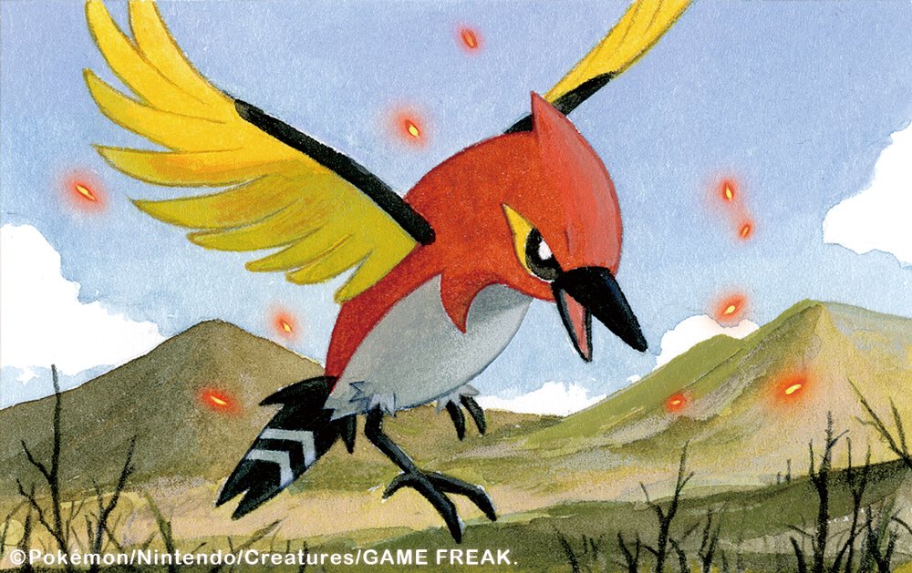 nakai mina, fletchinder, nintendo, pokemon, pokemon tcg, commentary request, official art, animal focus, bird, blue sky, cloud, company name, copyright name, copyright notice, day, embers, flying, gen 6 pokemon, no humans, open mouth, outdoors, pokemon (creature), pokemon focus, sky