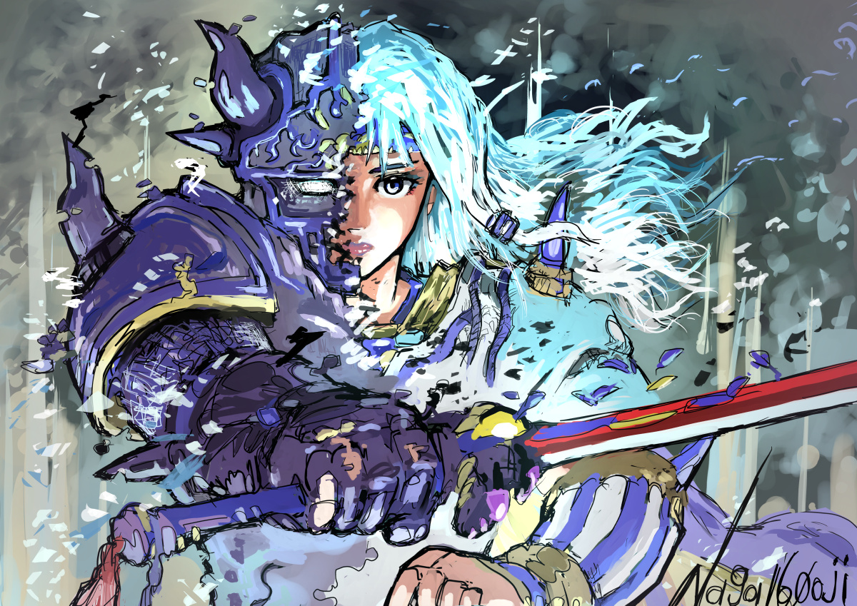 naga160oji, cecil harvey, dark knight (final fantasy), final fantasy, final fantasy iv, 1boy, armor, armored gloves, artist name, black armor, blue eyes, dual persona, fake horns, headband, helmet, holding, holding sword, holding weapon, horned helmet, horns, long hair, looking at viewer, male focus, parted bangs, pauldrons, shoulder armor, shoulder spikes, simple background, sketch, solo, spikes, sword, upper body, weapon, white hair