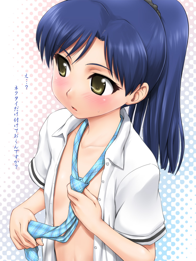 zanzi, kisaragi chihaya, idolmaster, idolmaster (classic), translated, 00s, 1girl, aged down, asymmetrical bangs, blue hair, blue necktie, blush, facing to the side, female focus, flat chest, loli, long hair, navel peek, necktie, no bra, open clothes, open shirt, plaid clothes, plaid necktie, ponytail, rough time school, shirt, solo, sweatdrop, upper body