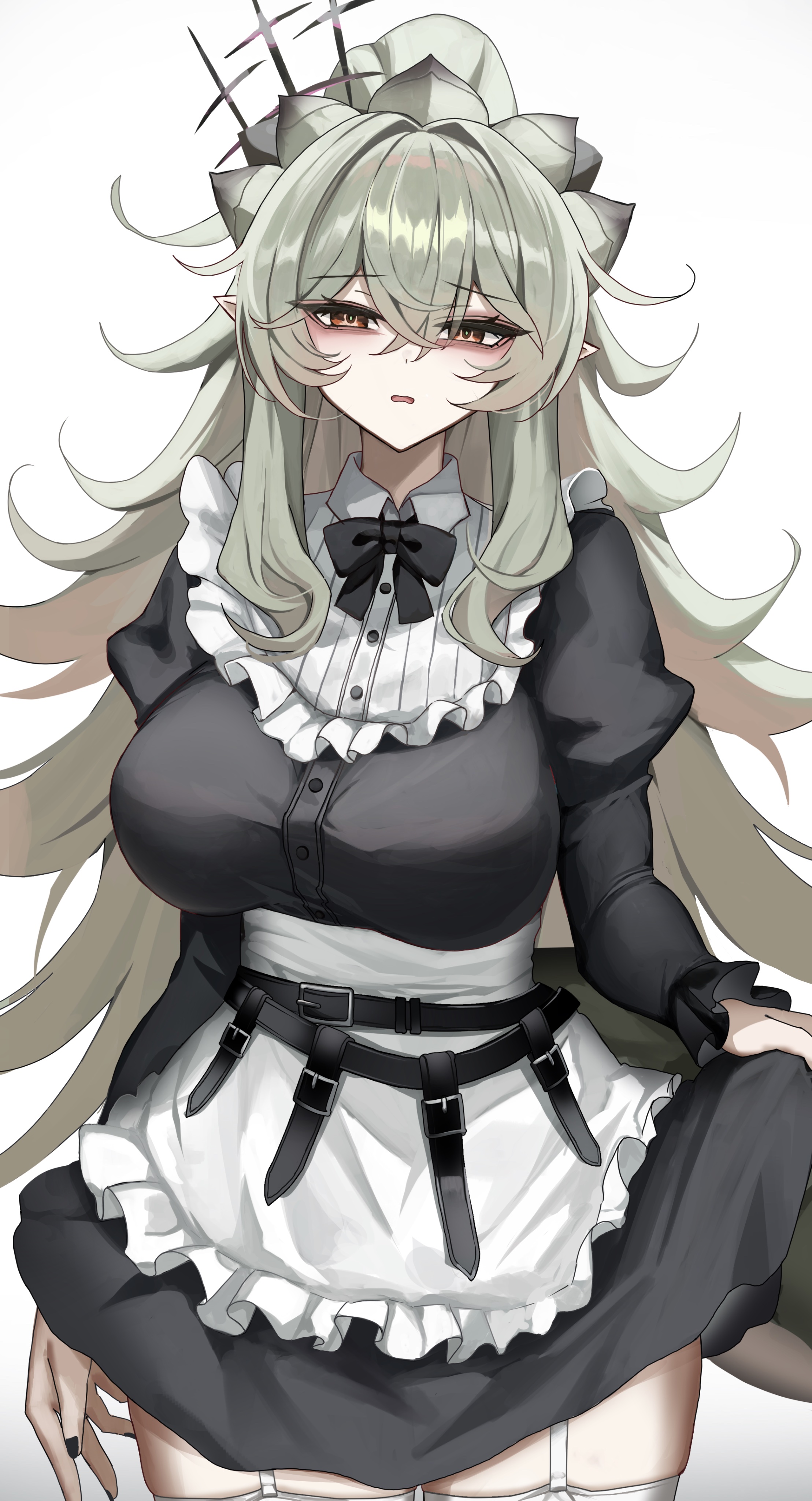 arigiep, rathian, monster hunter (series), absurdres, commentary request, highres, 1girl, apron, arm at side, bags under eyes, belt, belt buckle, black belt, black bow, black bowtie, black dress, black nails, bow, bowtie, breasts, brown eyes, buckle, buttons, collared shirt, cowboy shot, crossed bangs, double-parted bangs, dragon girl, dragon tail, dress, fingernails, flipped hair, frilled apron, frills, furrowed brow, garter straps, green hair, headdress, high ponytail, juliet sleeves, large breasts, long hair, long sleeves, looking at viewer, maid, maid apron, nail polish, parted lips, personification, pointy ears, ponytail, puffy sleeves, ribbed shirt, shirt, short dress, simple background, skindentation, skirt hold, solo, standing, tail, taut clothes, taut dress, thighhighs, underbust, very long hair, waist apron, white apron, white background, white thighhighs, wide ponytail, wing collar