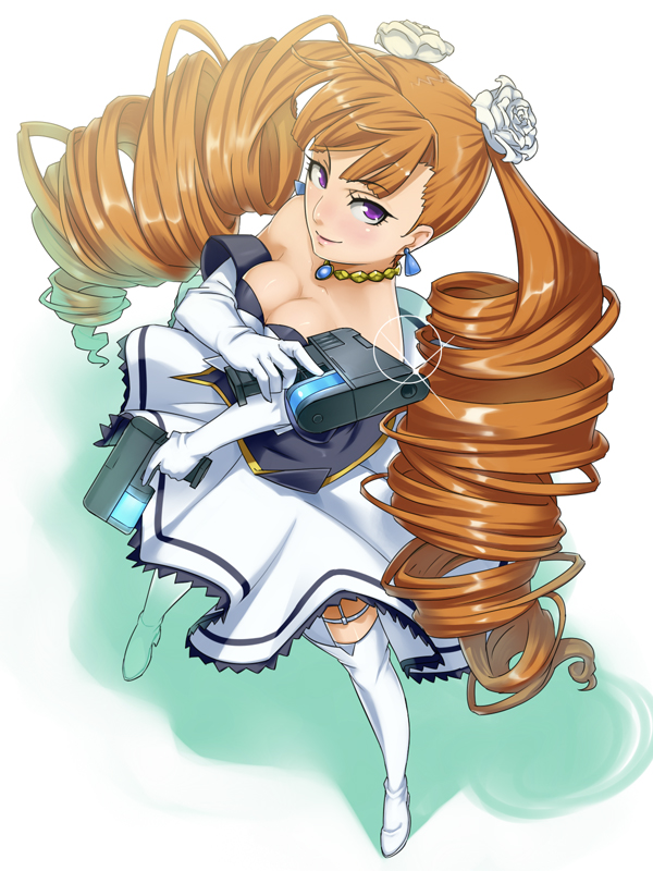 ldl, petra johanna lagerkvist, aq interactive, arcana heart, arcana heart 2, atlus, examu, 1girl, ahoge, blush, breasts, brown hair, cleavage, dress, drill hair, dual wielding, earrings, elbow gloves, female focus, gloves, gun, hands on own hips, holding, jewelry, large breasts, long hair, necklace, purple eyes, solo, thighhighs, trigger discipline, weapon