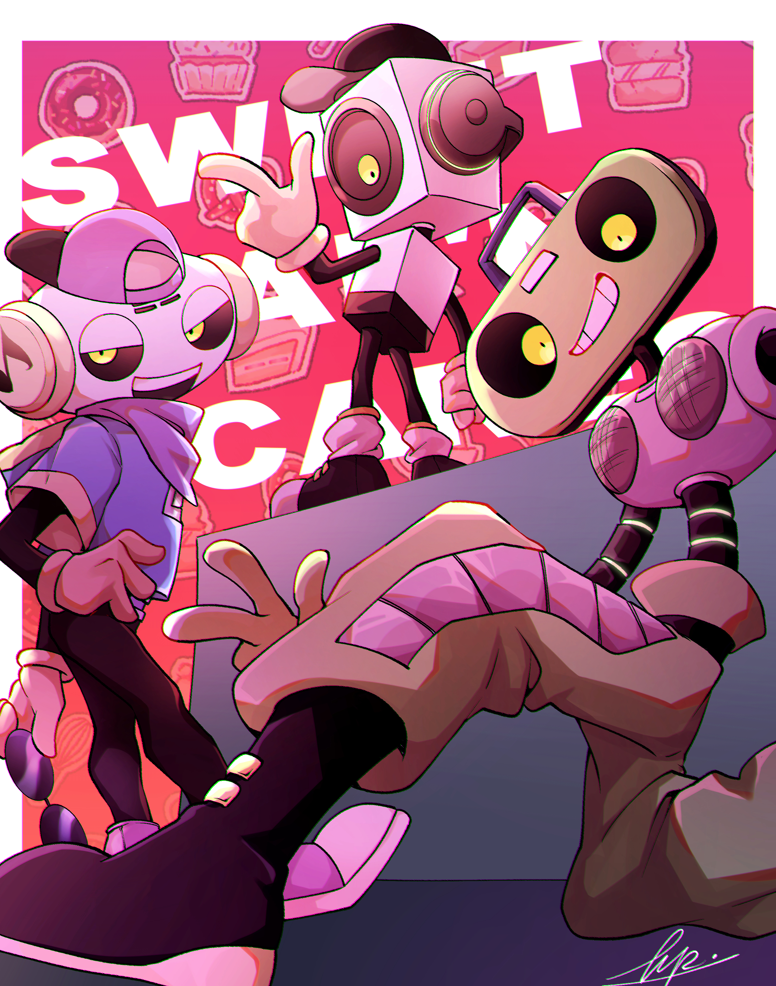 hammpenn, cap'n (deltarune), k k (deltarune), sweet (deltarune), deltarune, utdr (toby fox), absurdres, commentary request, highres, 3boys, :d, ankle boots, ankle socks, backlighting, backwards hat, bandana, bandana around neck, baseball cap, black boots, black hat, black pants, black sclera, black shoes, blue jacket, boots, cake, cake slice, cassette player, cd player, character name, chromatic aberration, colored sclera, donut, fewer digits, food, foot out of frame, from below, full body, gloves, green pants, grin, hand on own hip, hat, headphones, humanoid robot, jacket, jitome, looking at viewer, male focus, mechanical arms, multiple boys, musical note, no mouth, object on head, on one knee, open mouth, pants, pretzel, puffy pants, purple bandana, purple hat, purple shoes, red background, robot, shoes, short-sleeved jacket, short sleeves, simple background, smile, socks, speaker, standing, teeth, upper teeth only, w, white socks, yellow eyes, yellow gloves