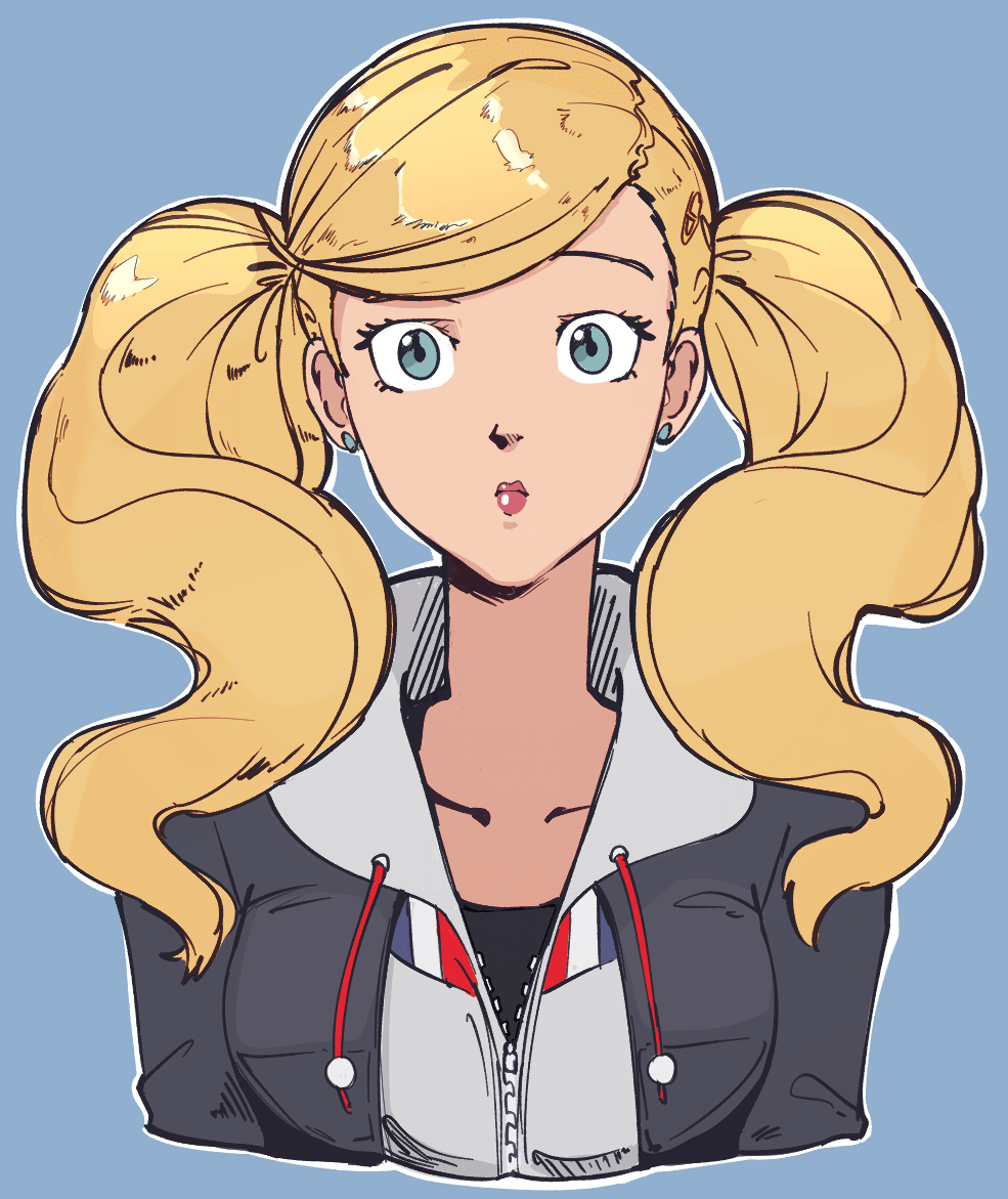 plow (witch parfait), takamaki anne, persona, persona 5, 1girl, blonde hair, blue eyes, collarbone, earrings, hair ornament, hood, hood down, hoodie, jacket, jewelry, lips, long hair, looking at viewer, twintails, wavy hair